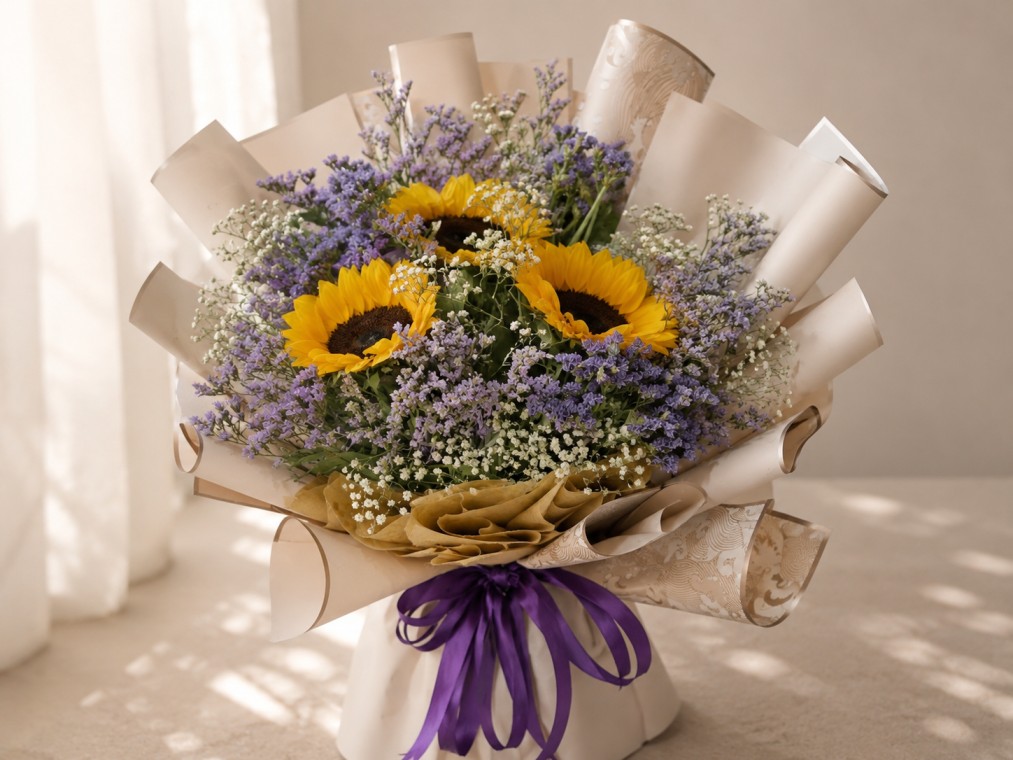 Sunflower bouquet with Gypsophila Limonium