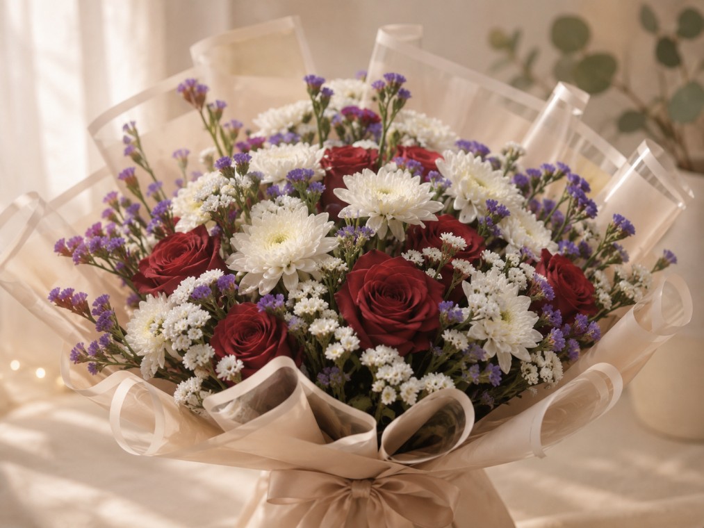 Classic Red Rose & White Chrysanthemum Bouquet